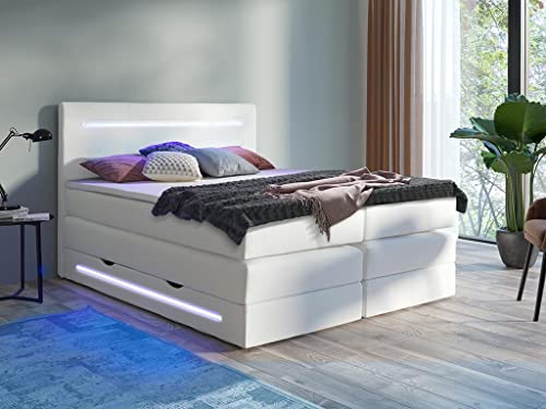 Boxspring Completo con cabecero con Leds + somier arcón + colchón + sobrecolchón - 160 x 200 cm - Blanco - Piel sintética - KEROS de DREAMEA