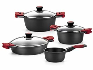 BRA Premiere - Batería 4 piezas de aluminio fundido con antiadherente, apta para todo tipo de cocinas Incluso inducción, Color Negro, Rojo [Amazon Exclusive]