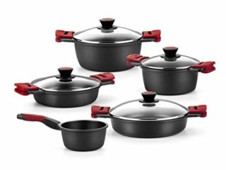 BRA Premiere - Batería 5 piezas de aluminio fundido con antiadherente, apta para todo tipo de cocinas Incluso inducción, Color Negro/Rojo [Amazon Exclusive]