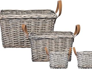 Brandsseller Juego de 4 cestas de almacenamiento trenzadas de mimbre con correas de piel sintética, color gris