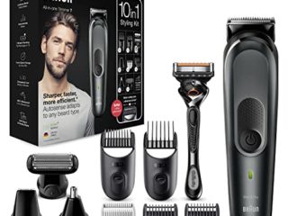 Braun Recortadora de Barba 10 en 1, Máquina Cortar Pelo, Cortapelos Hombre para Cara, Pelo, Orejas, Nariz y Cuerpo con Tecnología Autosense y Maquinilla Gillette, 8 Accesorios, 7 MGK7331, Negro/Gris
