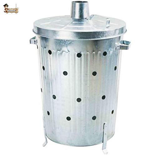 BricoLoco Cubo incinerador jardín 75 litros para Hojas, desechos y residuos. Cilíndrico. con Tapa, Asas y Patas. Acero galvanizado. Abono orgánico Ceniza.