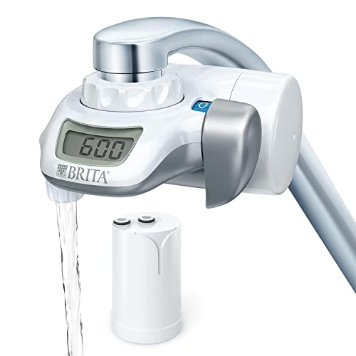 BRITA On Tap sistema de filtración de agua para grifo sostenible con pantalla LCD digital, reduce cloro, microplásticos, metales pesados, agua filtrada de calidad, incluye 1 filtro de agua, Blanco