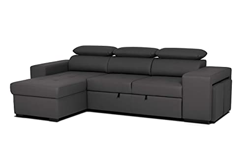 BUDWING John Hogar Sofá Cama 3 Plazas o 4 Plazas Chaise Longue Derecha o Izquierda Esquinero Reposacabezas Ajustable 2 Puffs Negro Salon Decoración de Hogar Polipiel Piel Sintética Negro