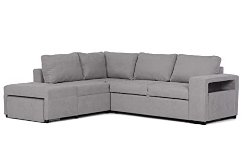 BUDWING Zurie Sofá Cama 3 4 o 5 Plazas Esquinero Derecha o Izquierda con Puff 2 Arcóns y Estante Tela Gris Grande Salon Decoración de Hogar