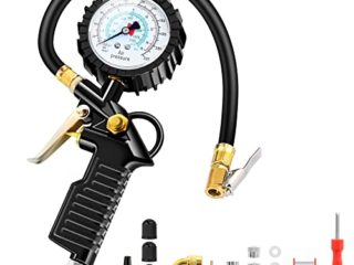 BURNNOVE Medidor de Presión 22PCS de Neumáticos Digital 220PSI Pistola de Inflado y Compresor Digital con 4 Tapones de Válvula 3 Boquillas 1 Válvula Francesa 1 Vástago de Extensión de Metal 90 Grados