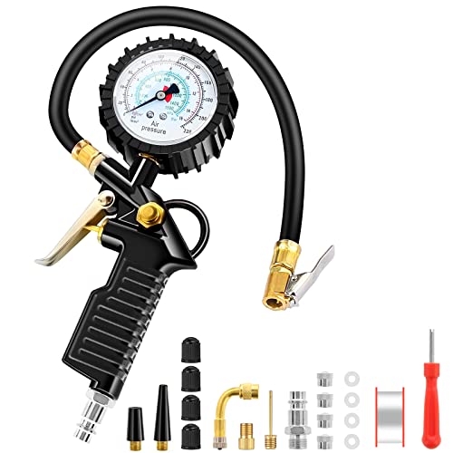 BURNNOVE Medidor de Presión 22PCS de Neumáticos Digital 220PSI Pistola de Inflado y Compresor Digital con 4 Tapones de Válvula 3 Boquillas 1 Válvula Francesa 1 Vástago de Extensión de Metal 90 Grados