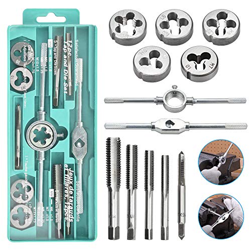 BUZIFU Juego de 12 Piezas de Troqueles de Acero al Carbono Métrico de Mano Juego de Grifos Ajustables para Taladrar Cónicos y Roscar Herramientas Métricas M6/7/8/10/12 para Madera, Plástico y Acero