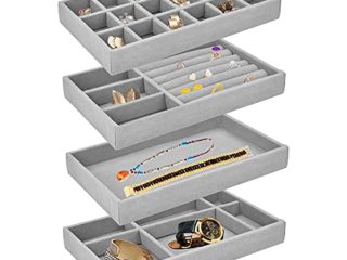 BUZIFU Organizador de Joyas para Cajones, Cuatro Bandejas para joyería y Bisutería, 21 x 12 x 2,5 cm, Organizador de Pendientes Pulseras Anillos y Collares, Joyero para Cualquier Cajón o Tocador, Gris