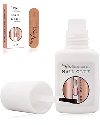 By Vixi 1 x 8g PEGAMENTO PARA UÑAS ULTRAFUERTE con PINCEL y LIMA DE PREPARACIÓN GRATUITA Adhesivo transparente con secado instantáneo, calidad de salón de belleza profesional