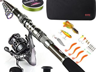 Caña de pescar giratoria y carrete Sougayilang, portátil, telescópica, con maletín de transporte para viajes de pesca en agua dulce y agua salada
