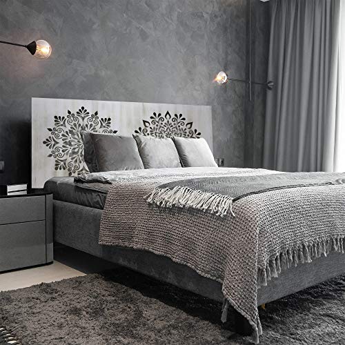 Cabecero de cama en madera Calada con dos mandalas, para cama de matrimonio o juvenil. Fabricado artesanalmente en España- varios tamaños y colores. - Mod. 168 (Blanco envejecido, 190x80 cm)