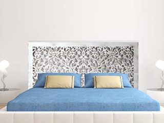 Cabecero de cama en madera Calada, para cama de 150. Fabricado artesanalmente en España . Decorado con mandala floral Pintada a Mano- Modelo Mosaico 154 (Blanco Envejecido, 160x80 cm)