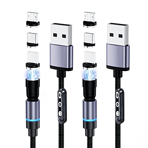 Cable Magnetico, [ 2Pack, 1.2M+2M ] Cable Carga Rapida 3A, 3 en 1 Cargador Magnético 360° y 180° Rotación USB Charging Cable para Micro USB, Tipo C y Otra (Gris)