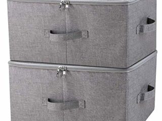 Caja de almacenamiento plegable con tapa y asas con cremallera, cesta de almacenamiento con tela de lino, separadores extraíbles de cajón para armario, gris oscuro, 2 piezas