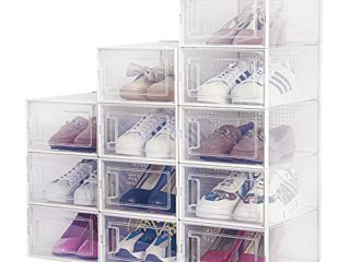 Cajas de Zapatos, Paquete de 12 Cajas de Almacenamiento de Zapatos Transparentes, Cajas para Zapatos de Plástico Plegable, 33×23×14 cm por Casillero, para Zapatos, Tacones Altos, Zapatillas de Deporte