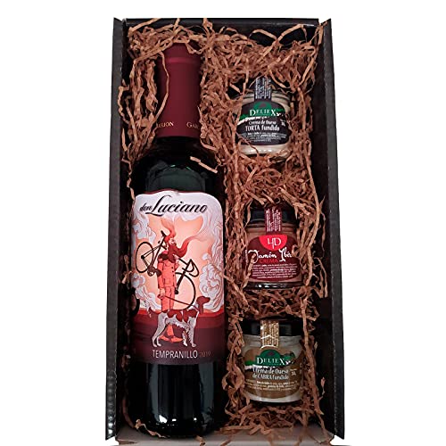 Cajita para Regalo Deliex, Vino Don Luciano Tempranillo 37.5cl y 3 Cremas (Paté, Queso de Torta y Queso de Cabra) para untar.