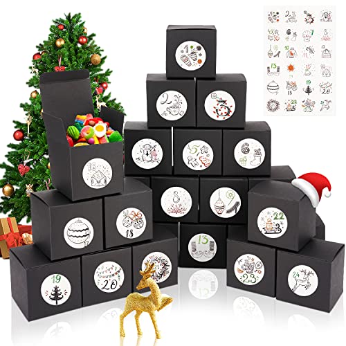 Calendario Adviento 2021,24 Cajas Regalo Navidad,Cajas Chuches Navidad,Calendario Adviento Bolsas,Cajas Adviento Navidad,Calendario de Adviento Chocolate Kinder,Negro,Para Manualidades Navideñas DIY