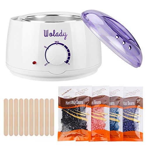 Calentador de Cera de la Aplicación Eléctrica Wolady Kit de Eliminación de Cera Caliente Depilatory Cera 500ml 4 Paquetes Granos de Cera 10 Palillos Madera Casero Spa Cara Brazos Axilas Piernas