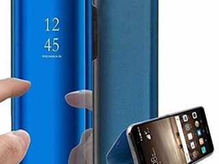 Caler Case Compatible con Samsung Galaxy S7 Edge Funda Cuero PU Espejo Brillante Clear View Modelo Fecha Duro Cover Flip Tapa Libro Soporte Plegable Ventana de Espejo Transparente Carcasa(Azul)