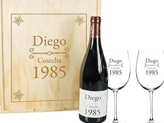 CALLE DEL REGALO Kit Personalizado para cumpleaños: Caja de Madera + Copas de Vino + Botella de Vino Todo ello Personalizado