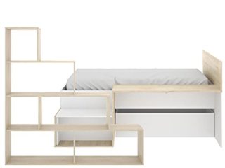 Cama Dormitorio Infantil con Escritorio Incorporado y estantería Moderna a Juego, Color Natural y Blanco