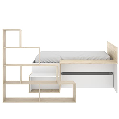 Cama Dormitorio Infantil con Escritorio Incorporado y estantería Moderna a Juego, Color Natural y Blanco