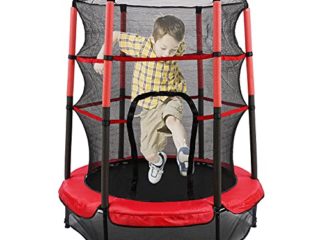 Cama elástica niños de jardín, 55 pulgadas Mini cama elástica de exterior e interior, con red de seguridad, plegable, cama elástica para niños 140 cm, máximo 50 kg, herramientas de ejercicio (rojo)