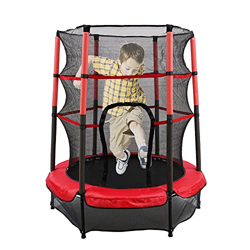 Cama elástica niños de jardín, 55 pulgadas Mini cama elástica de exterior e interior, con red de seguridad, plegable, cama elástica para niños 140 cm, máximo 50 kg, herramientas de ejercicio (rojo)