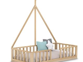 Cama Infantil Barco Tipo Montessori, con Somier y Barrera Barandilla, en Madera Natural, 90 x190 cm