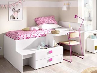 Cama Juvenil compacta con Escritorio y cajones 195 x 134 x 95 cm, Tiradores Rosa (Ver Foto de Medidas)