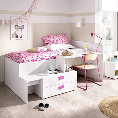 Cama Juvenil compacta con Escritorio y cajones 195 x 134 x 95 cm, Tiradores Rosa (Ver Foto de Medidas)
