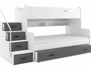 Cama litera Max 3 -dos colchones de espuma 200x80 y 200x120 , somieres flexibles y cajon incluidos ColorBlanco- Gris