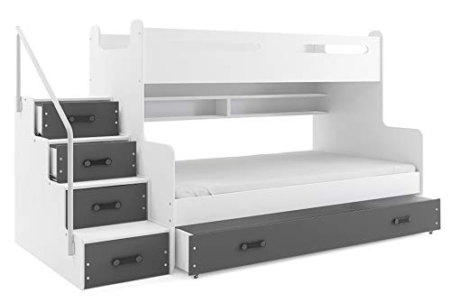 Cama litera Max 3 -dos colchones de espuma 200x80 y 200x120 , somieres flexibles y cajon incluidos ColorBlanco- Gris