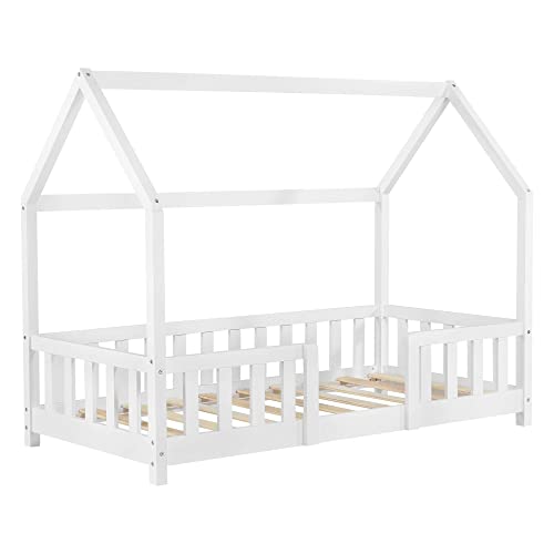 Cama para niños de Madera Pino 80 x 160 cm Cama Infantil con Reja Protectora Forma de casa Casita Blanco Mate Lacado