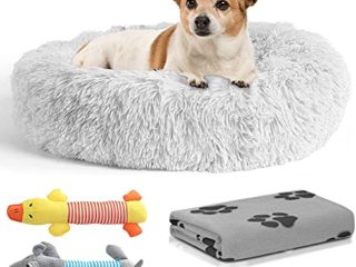Cama Perro Antiestrés con Manta y 2 Juguetes para Perros, Cama para Perros Pequeños Redonda Tipo Donut de 50cm., Manta para Perros y 2 Juguetes para Perros (Dog Toys Gris)