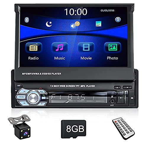 CAMECHO 1 DIN Radio de Coche GPS 7 "Pantalla táctil Plegable 1080P Carro Multimedia Jugador con 8G Mapa Tarjeta, Soporte Mirror Link Android/iOS Navegación Bluetooth FM+Cámara de visión Trasera