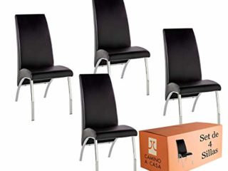 Camino a Casa® | Set x4 Sillas Comedor, sillas Cocina, Silla Arco Negra, Tela de Piel sintética, Asiento y Respaldo Relleno de Espuma de eliocel, Estructura Hierro Cromado y Tablero de partículas
