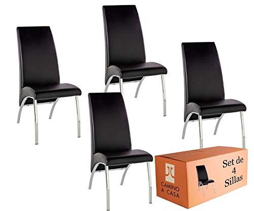 Camino a Casa® | Set x4 Sillas Comedor, sillas Cocina, Silla Arco Negra, Tela de Piel sintética, Asiento y Respaldo Relleno de Espuma de eliocel, Estructura Hierro Cromado y Tablero de partículas
