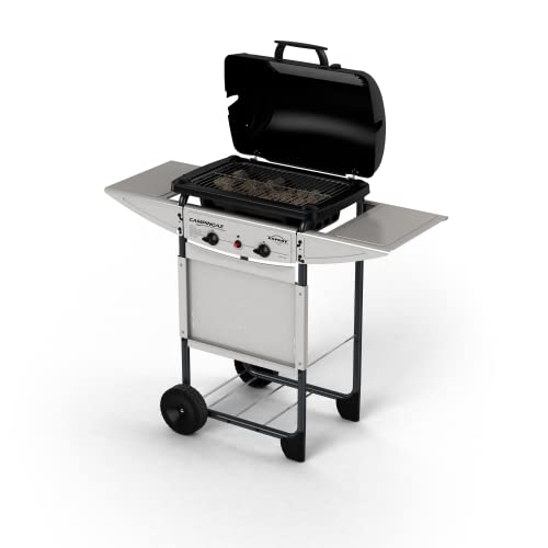 Campingaz Expert Plus Barbacoa gas piedra volcanica, parrilla gas con dos quemadores compactos, 7 kW de potencia, parrilla de acero y mesas laterales