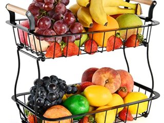 Canasta de frutas de 2 niveles para encimera de cocina, cuenco de frutas para vegetales, soporte, canasta de alambre rectangular de metal, almacenamiento para frutas, bocadillos, cocina