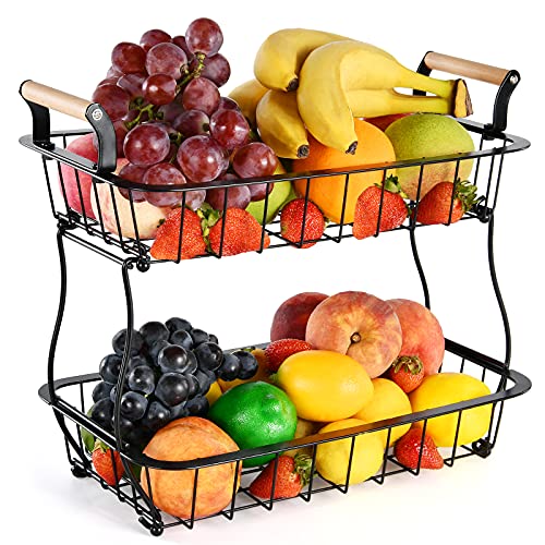 Canasta de frutas de 2 niveles para encimera de cocina, cuenco de frutas para vegetales, soporte, canasta de alambre rectangular de metal, almacenamiento para frutas, bocadillos, cocina