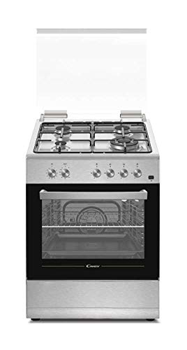 Candy New Timeless CGG655SI/E, Cocina de Gas, Horno de Gas 55L, Placa de Gas 4 Fuegos, 60CM, Pulsador Rustepollos, Altura Ajustable y Ruedas, Sistema Seguridad en Llama, Tapa de Cristal, Clase A, Inox