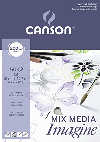 Canson Imagine, Bloc Encolado, A4, 50 Hojas, Grano Fino 200 g, Color Blanco