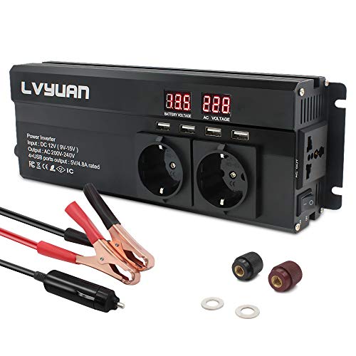 Cantonape 1000W inversor de Corriente，Transformador 12V a 220V，con 4 USB 3 Tomas & Pantalla LED，Convertidor Onda Modificada para Phone Pad y Tableta Laptop （Pico 2000W） Inversor para Coche