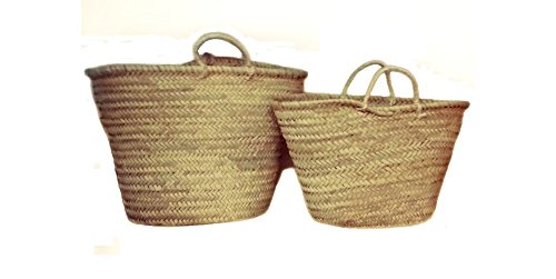 Capazo de Palma, fibras naturales, con Asas Cortas de Pita. Cesto o Bolso de Mimbre para la Playa (7V, aprox. 42x25 cm)