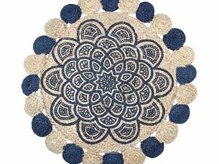 CAPRILO. Alfombra Decorativa Redonda de Yute Azul-Blanco Roto. Decoración del Hogar. Regalos Originales. Textil. 1 x 90 x 90 cm.