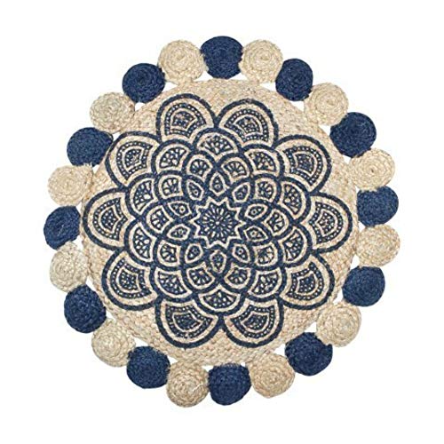 CAPRILO. Alfombra Decorativa Redonda de Yute Azul-Blanco Roto. Decoración del Hogar. Regalos Originales. Textil. 1 x 90 x 90 cm.