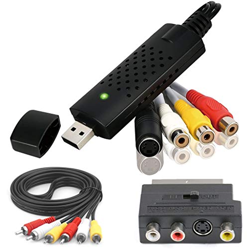 Capturadora VHS DVD Digital a PC USB2.0 Video Audio, [3 Set] Convertidor SCART a RCA S-Video + 1,5M 3 Cable Premium Phono RCA Macho a Macho Grabadora Transferir para Windows 10/ 8/ 7/ XP