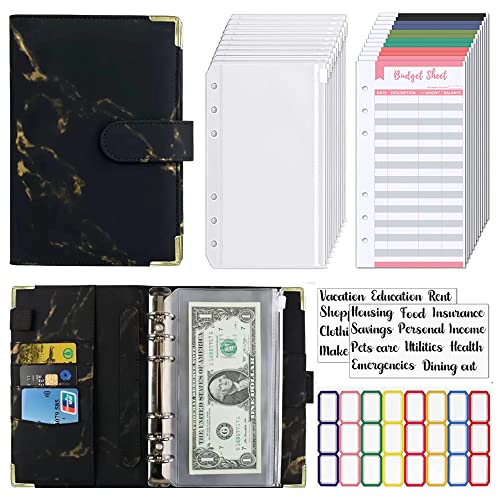 Carpeta de Presupuesto A6 Negro Carpeta A6 con 12 Bolsillos Carpeta de Hojas Sueltas Cuero PU A6 de Carpeta Hojas de Presupuesto Pegatinas de Categoría en Blanco